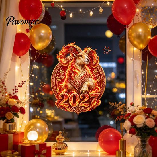 Russian New Year Party Supplies 2027 Flame Goat Static Glass Sticker, PVC Ram Window Cling for Home and Store Decoration, Removable Decor Red