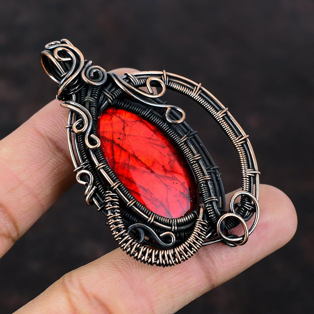 Red Fire Labradorite Pendant Copper Wire Wrapped Gemstone Pendant Red Fire Labradorite Jewelry Handmade Pendant Copper Wire Jewelry For Gift