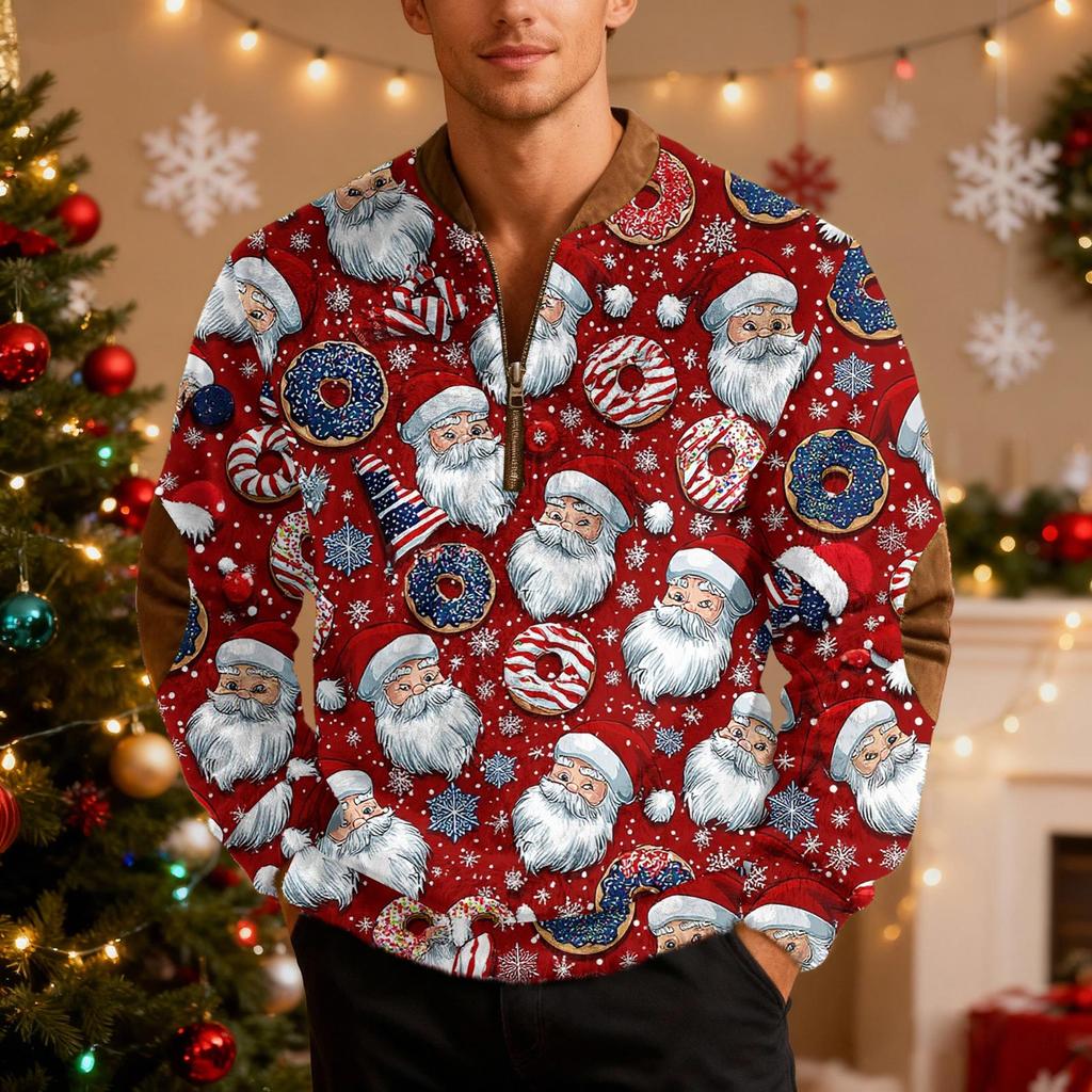 Мужской рождественский свитер на молнии, винтажный вязаный графический свитшот, рождественский пуловер со стойкой