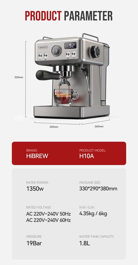 HiBREW H10A Semi Automatic Espresso Coffee Machine, 19Bar Pressure, Cold/Hot Coffee Maker, Milk Frother, Temperature Adjustable, 350ml Pitcher