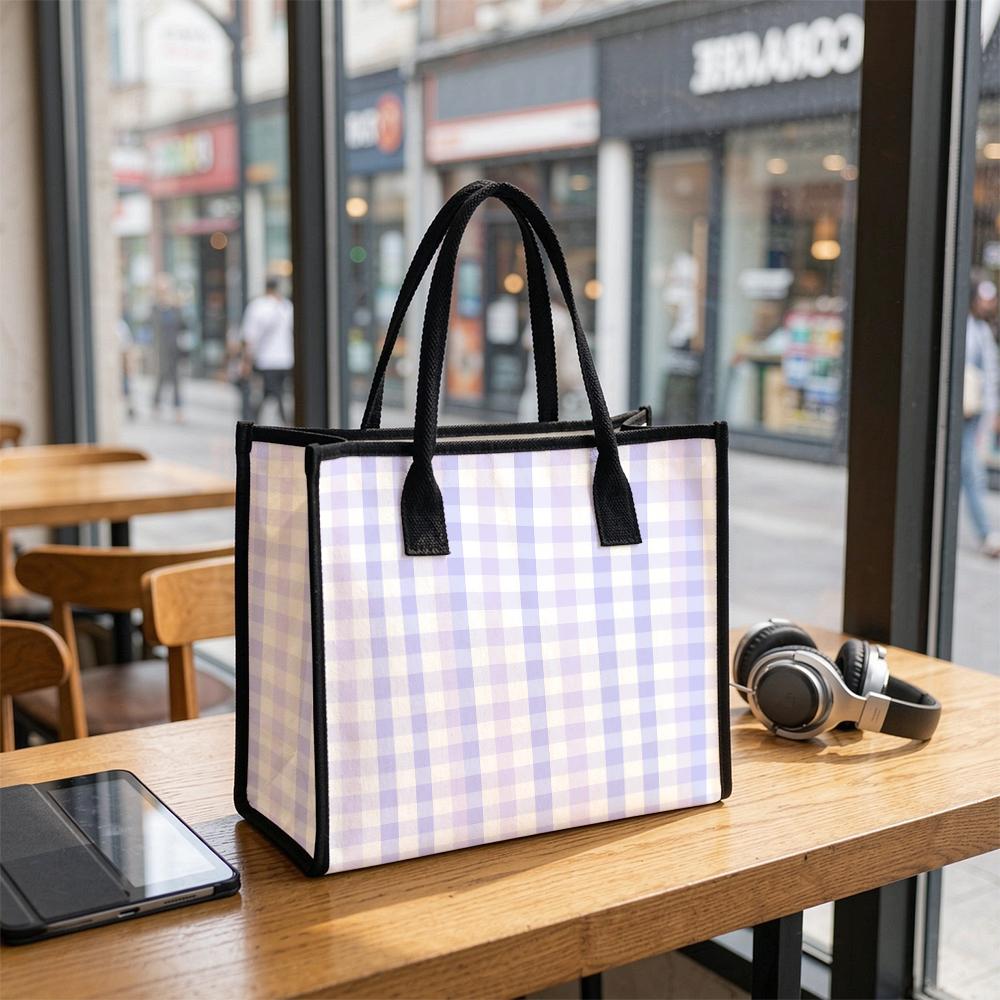 Lilac Gingham Tote Bag Casual Daily Handbag Lightweight Shopping Shoulder Purse for Women