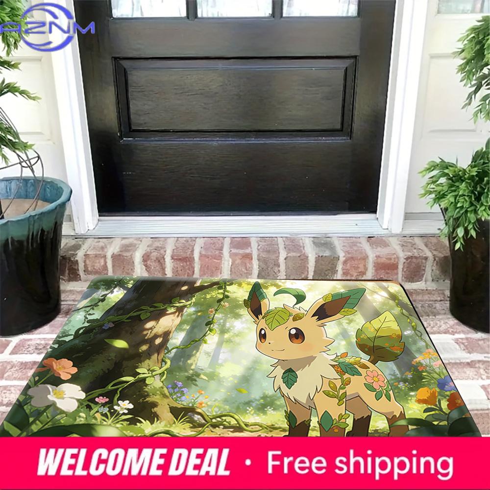 Cute Leafeon with Floral and Leaf Accents in Sunlit Forest Print Non-slip Doormat, Soft Absorbent Floor Rug for Home Decor