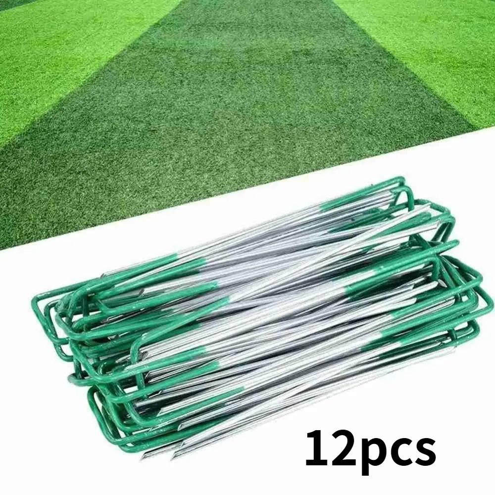 12PCS Garden Stakes Lawn Fixing Nails Green Tent Stakes Securing Pegs for Artificial Grass
