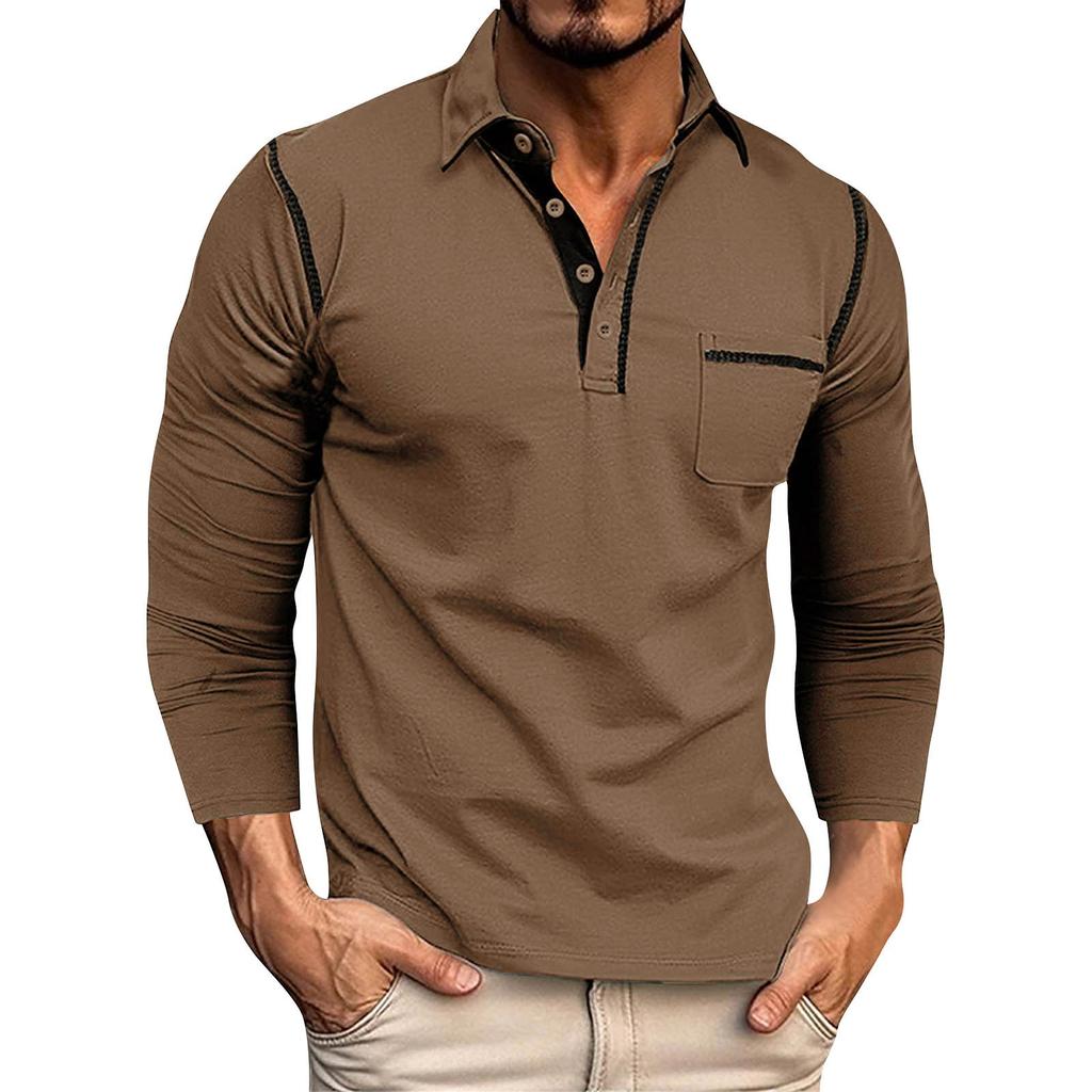 Men's Spring And Autumn Solid Color T-shirt Lapel 3 Button Open Placket Button Long Sleeved Top