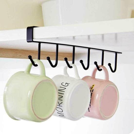 6 Hooks Kitchen Cabinet Wall Hanging Cup Holder Shelf Storage Rack Organizer