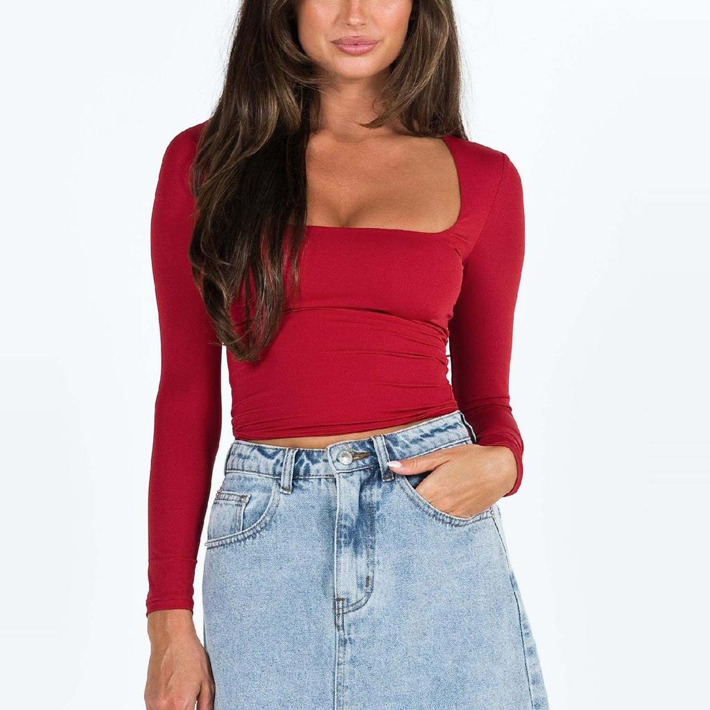 Женская мода с длинным рукавом сплошной цвет Тонкая рубашка с квадратным вырезом Футболка Топ