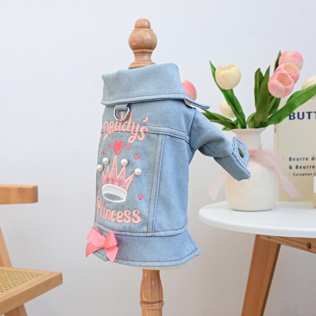 Designer Dog Denim Jacket - Cute Stylish Princess Style with Fun Prints for Small Dogs Pet Jeans Vest