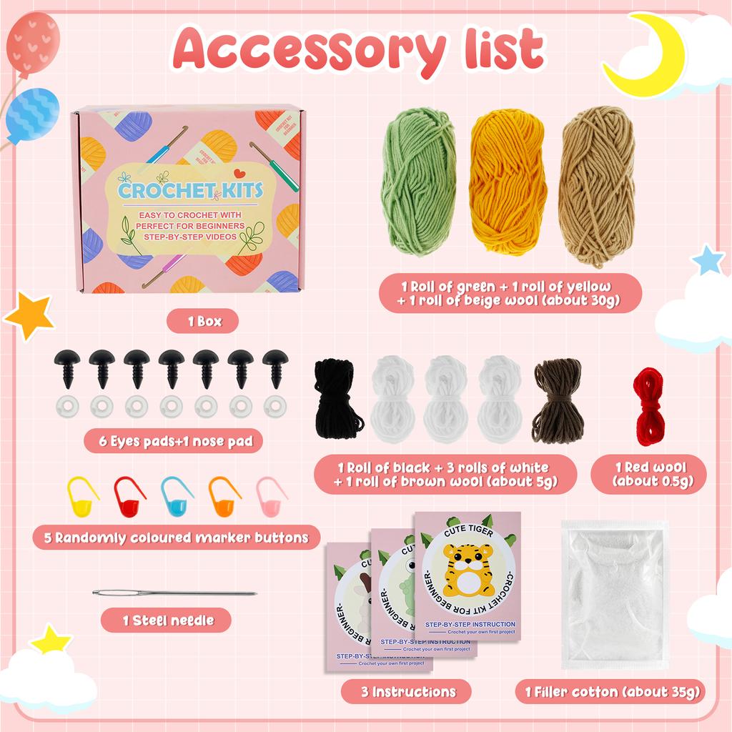 3Pcs Crochet Kit for Beginners Complete Crochet Knitting Kit Adorable Animal Crochet Starter Pack DIY Crochet Craft Kit