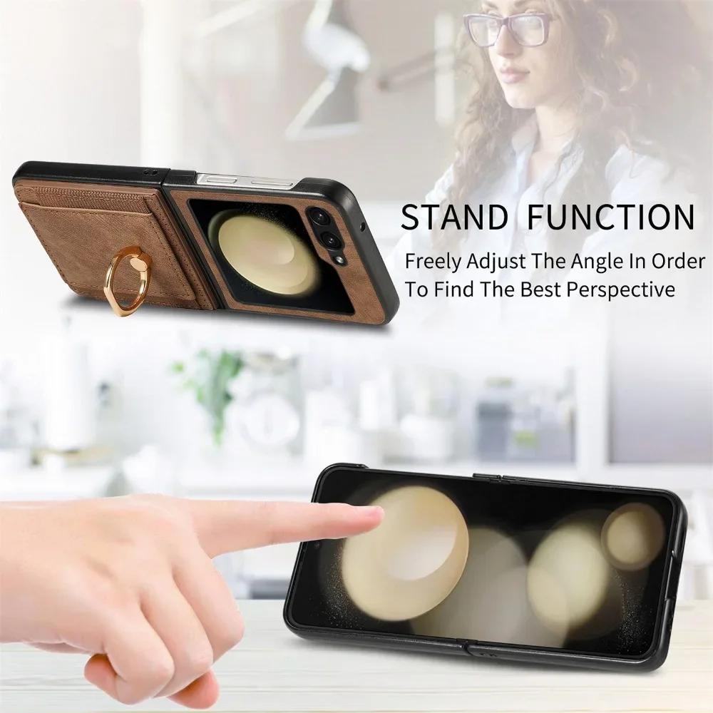 Retro PU Leather Wallet Cover for Samsung Z Flip 6 5 4 3 2 Flip6 Flip5 Flip4 Flip3 Flip2 5G Ring Card Slot Holder Phone Case