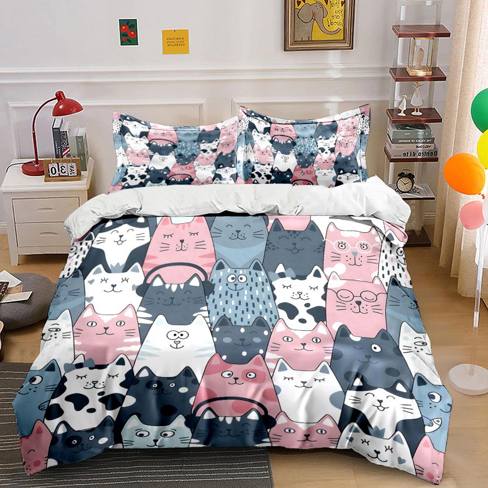 Cute Cartoon Cat Pattern Design Bedding Duvet Cover Set (1*Duvet Cover 2*Pillowcases, without duvet insert)