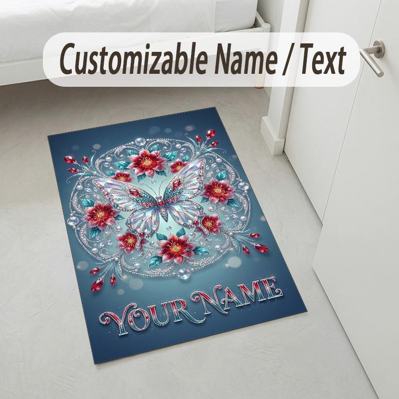 Butterfly Theme Crystal Velvet Rug Personalized Custom Name Text Soft Floor Mat Home Decor