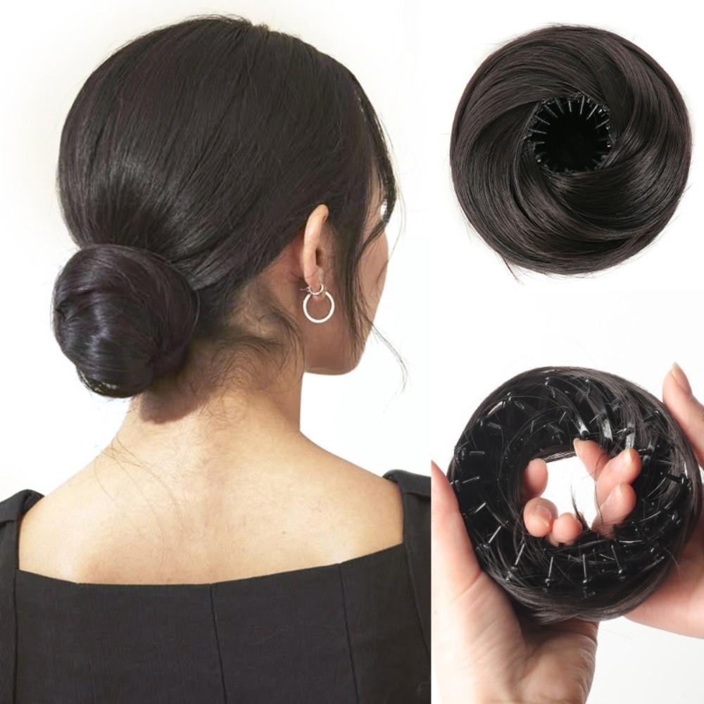 Synthetic Hair Clip in Hair Bun Straight Texture Messy Hair Bun Extensions Circle Elastic Clips Mini Bird's Nest Shaped Bun