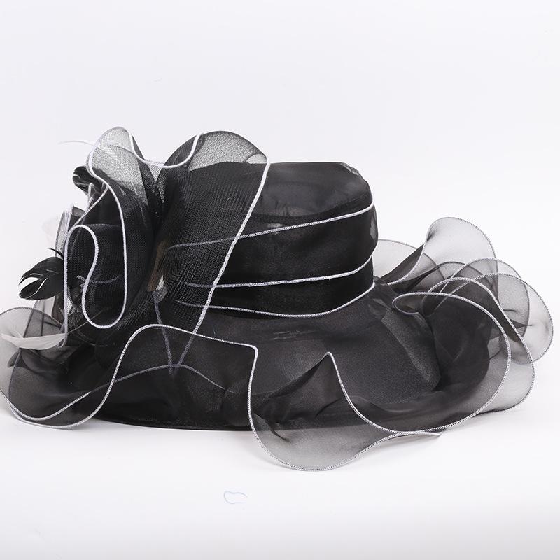 European and American new going out leisure big eaves hat spring and summer women's organza embroidery hat manufacturer flat top hat