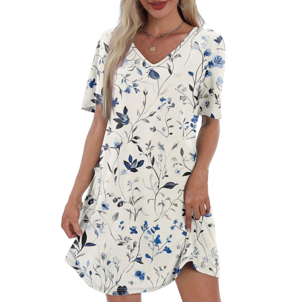 Women's Summer Fashion Casual V-Neck Floral Print Short Sleeve Pocket Dress