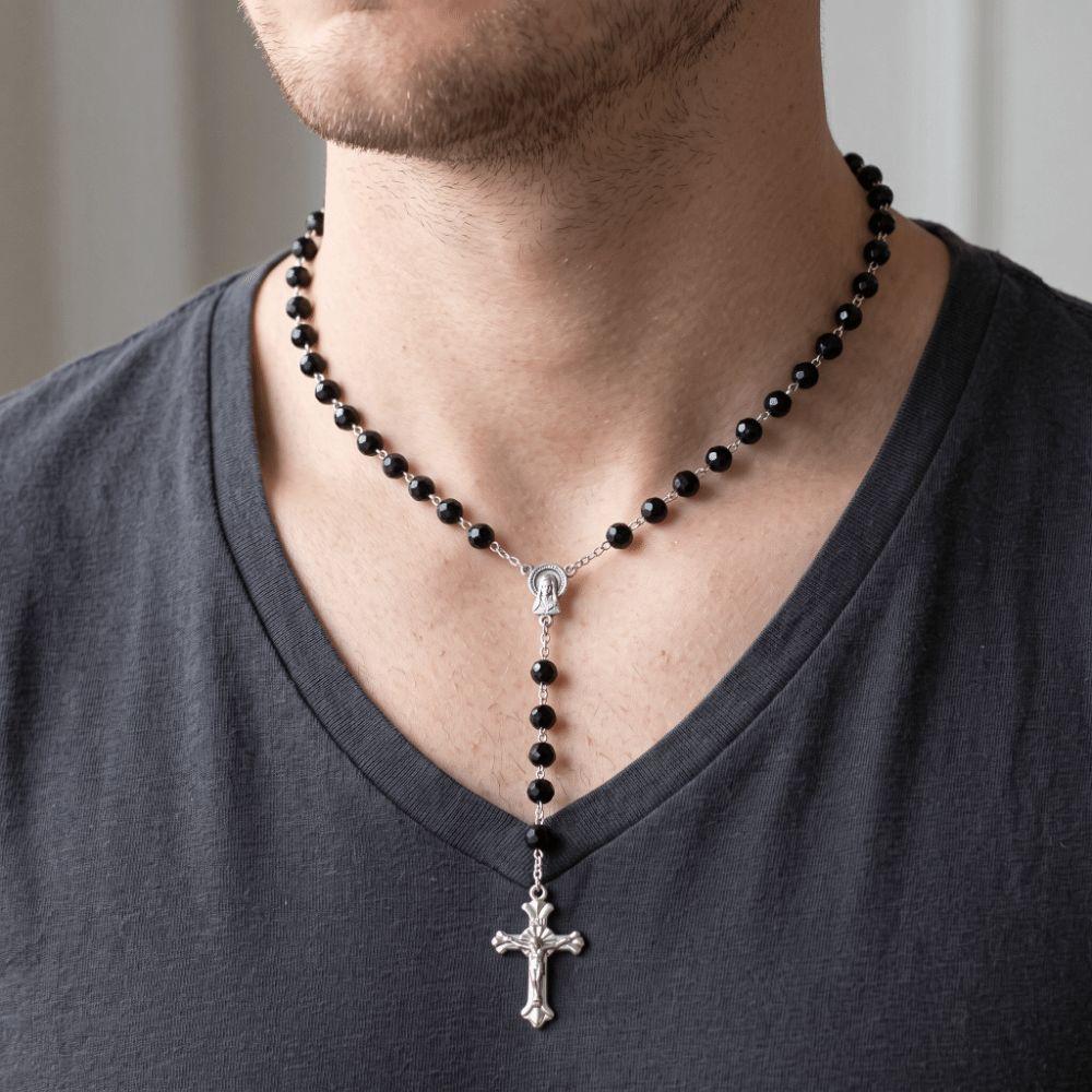 8mm Beads Cross Pendant Necklace Long Chain Crucifix Pendant Chain Jewelry Accessories