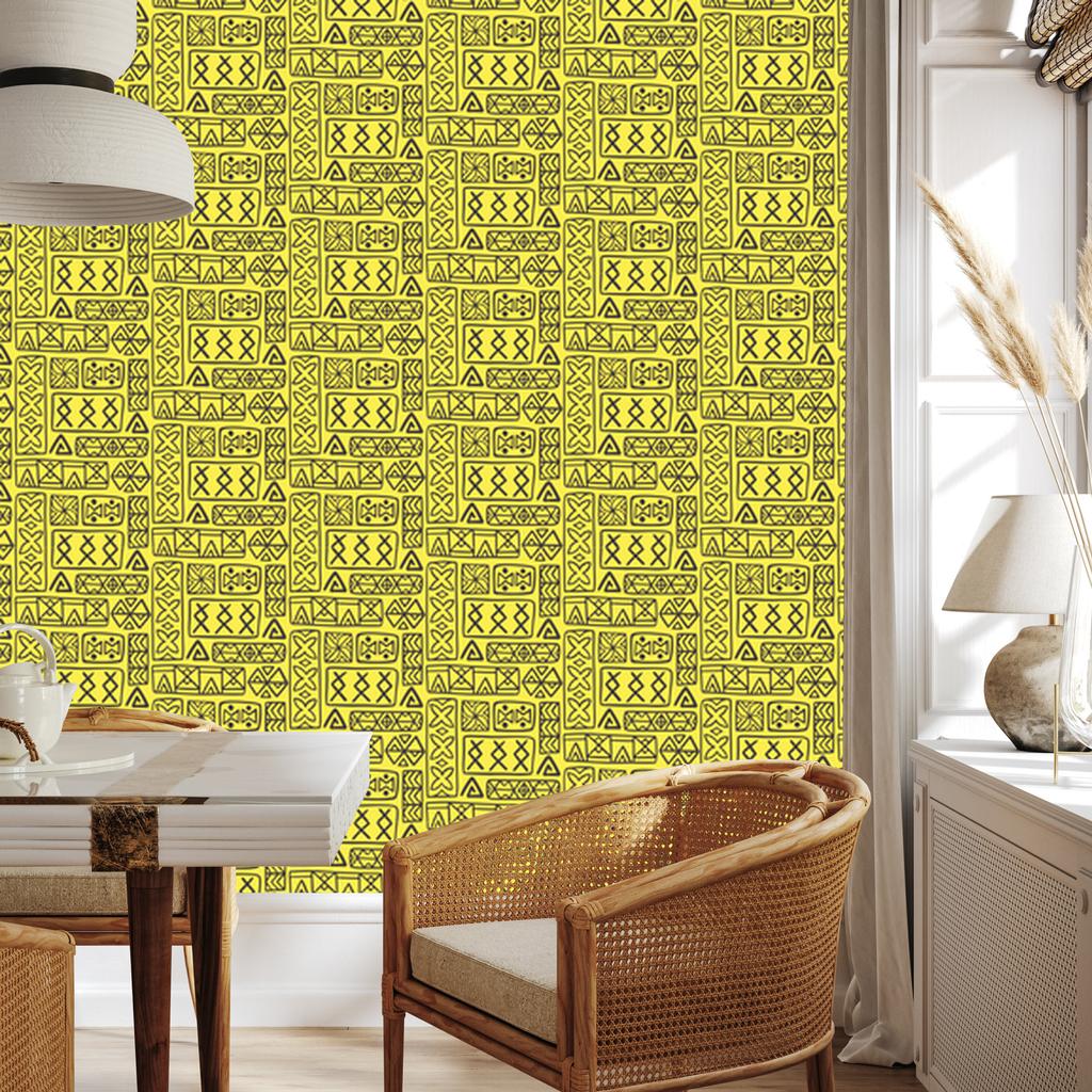 Polynesian Geometric Pattern Wallpaper Yellow 50x1000