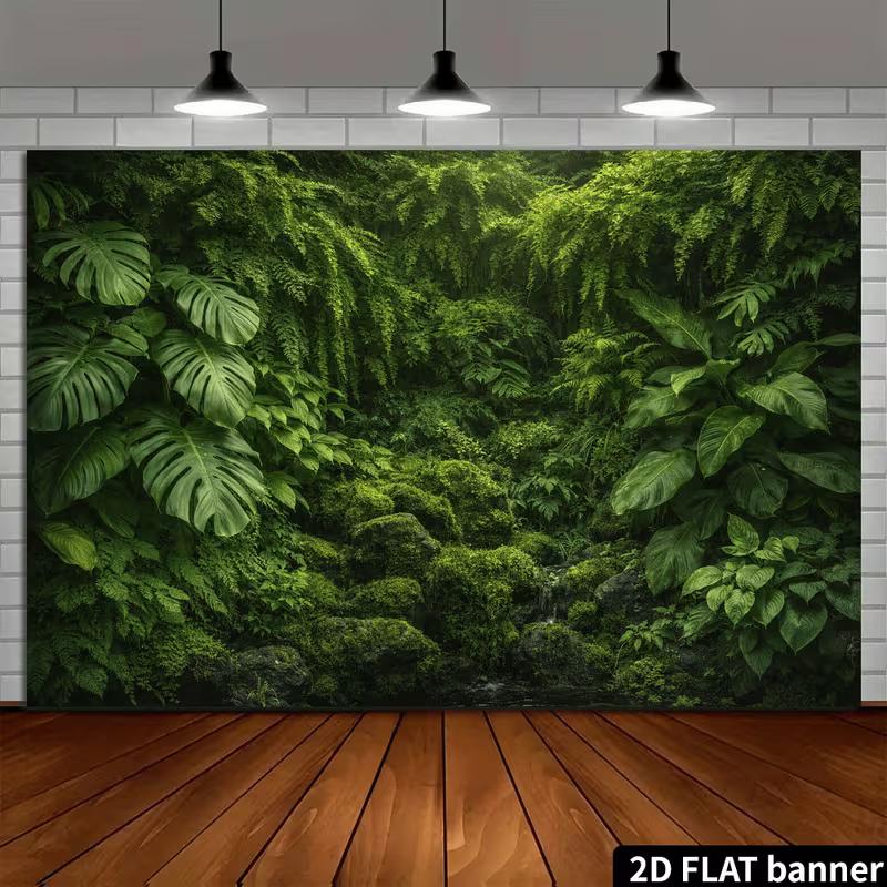 2D Пышный тропический лес Настенный баннер с мшистыми камнями Фон для фотобудки