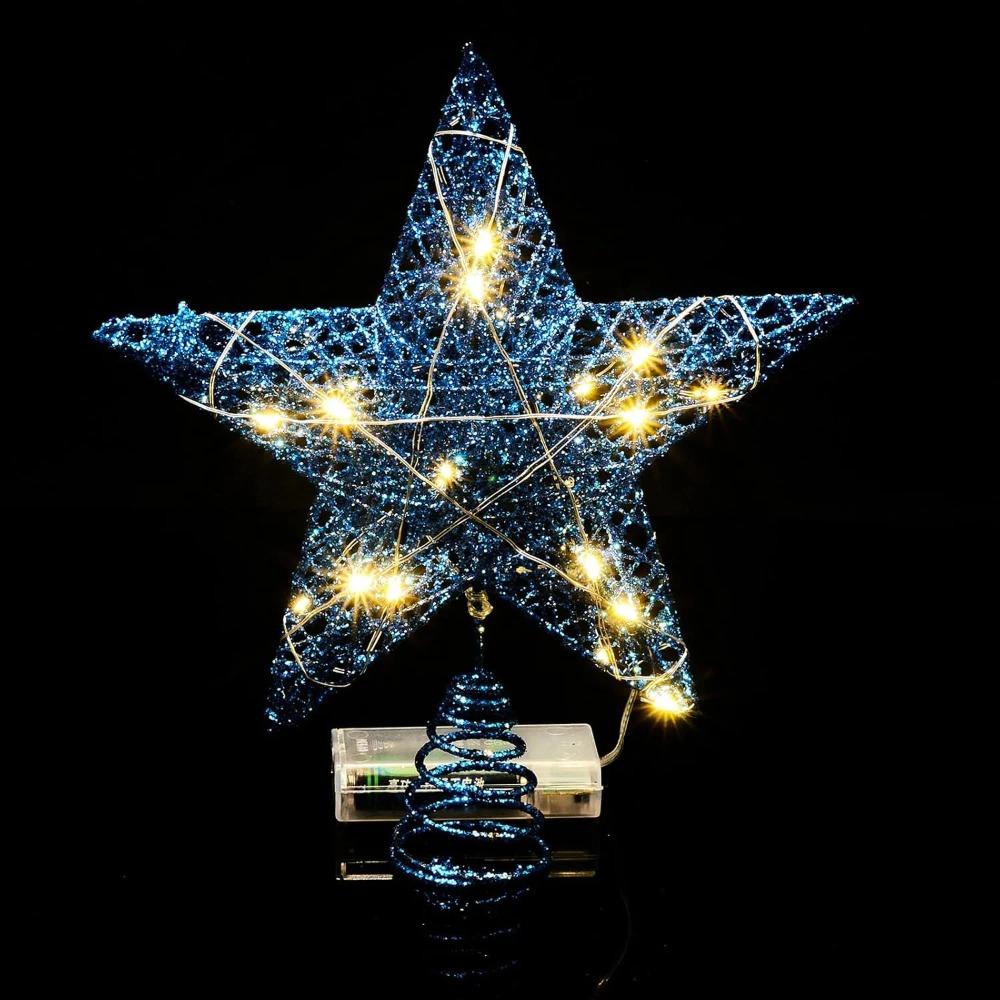Christmas tree star topper with lights, 20 LED star-shaped tree top decoration for indoor home decor, blue, 8x10 inches (1 piece)