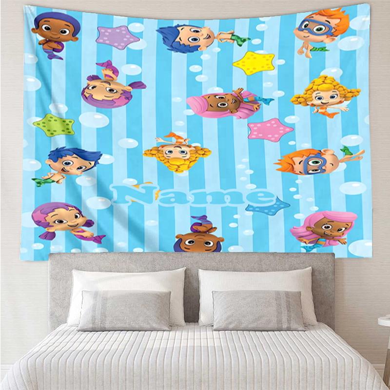 Custom Name Bubble Guppies Print Tapestry, Backdrop, Easy Setup, Ideal for Bedroom, Office & Living Room, with Aesthetic Wall Hanging Decor.