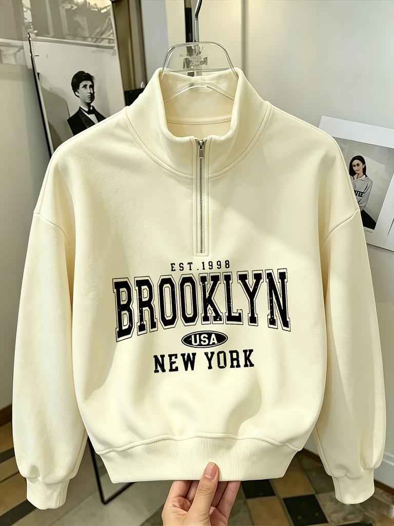 Autumn and winter women's stand-up collar half-zip drop shoulder loose fit sweatshirt trendy best-selling prints