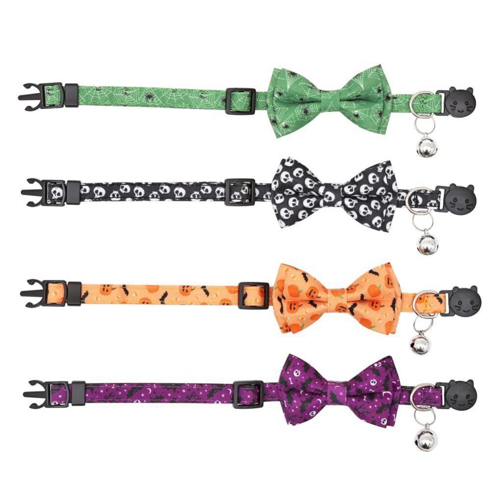 С колокольчиком Хэллоуинский ошейник для кошки с регулируемым бантом, тыквенный ошейник для щенка с колокольчиком, летучие мыши/тыква/череп/паук, съемный