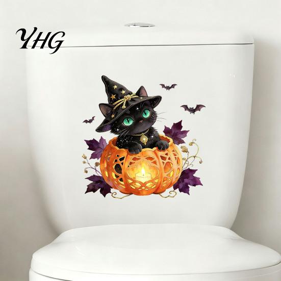 Creative Holiday Wall Murals Halloween Black Cat Witch Toilet Decals, Self-Adhesive Bat Cover Removable Waterproof Bathroom Decor Seat Stickers,