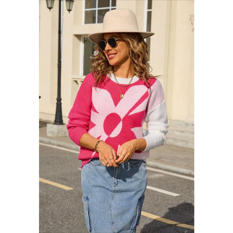 New Large-sized Women's Long-sleeved Floral Patchwork Fashionable and Versatile Knitted Pullover Sweater for Autumn and Winter
