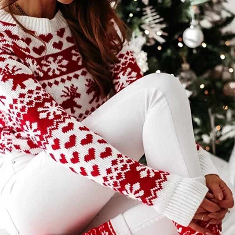 Winter Christmas Sweater for Women Jacquard Knitted Long Sleeve Clothes Warm Thicken Jumpers Pullover Tops Knitwear