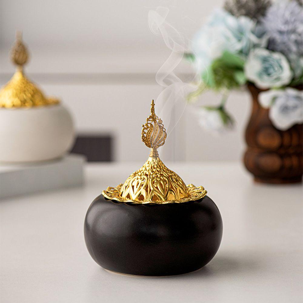 Golden Lid Aromatherapy Censer Arabian Dome Design Incense Burning Tray Bakhoor Holder Office