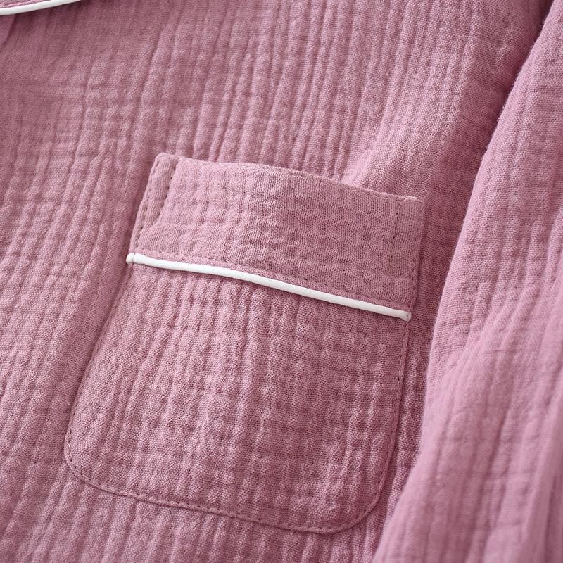 New Spring and Autumn Pure Cotton Crepe Cloth Couple Soft and Breathable Men Long-sleeve Simple Home Service Two Piece Set