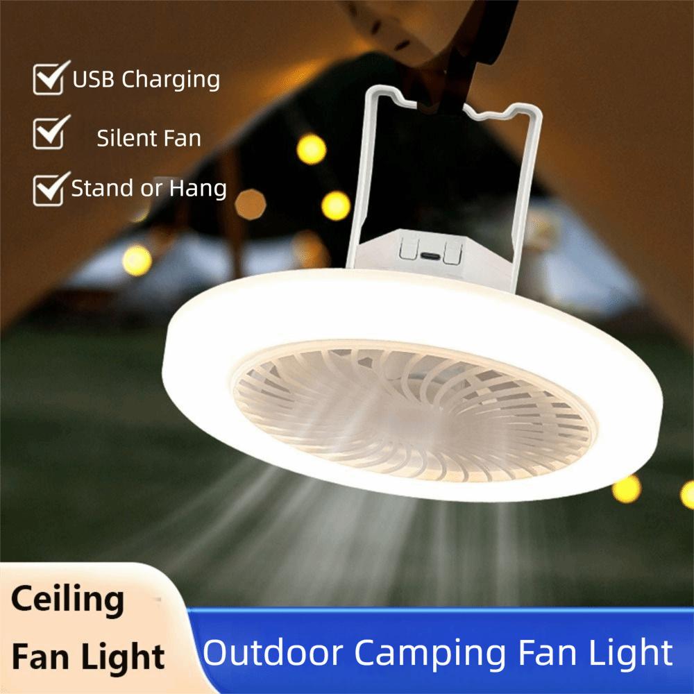 USB Rechargeable Ceiling Fan Light Super Quiet 3 Color Light Modes Camping Fan Light Energy Saving Hooked & Stand Design
