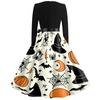 Womens Casual Halloween Print V Neck Vintage Dress Long Sleeve A Line Retro Style Midi Dress with Waist Tie