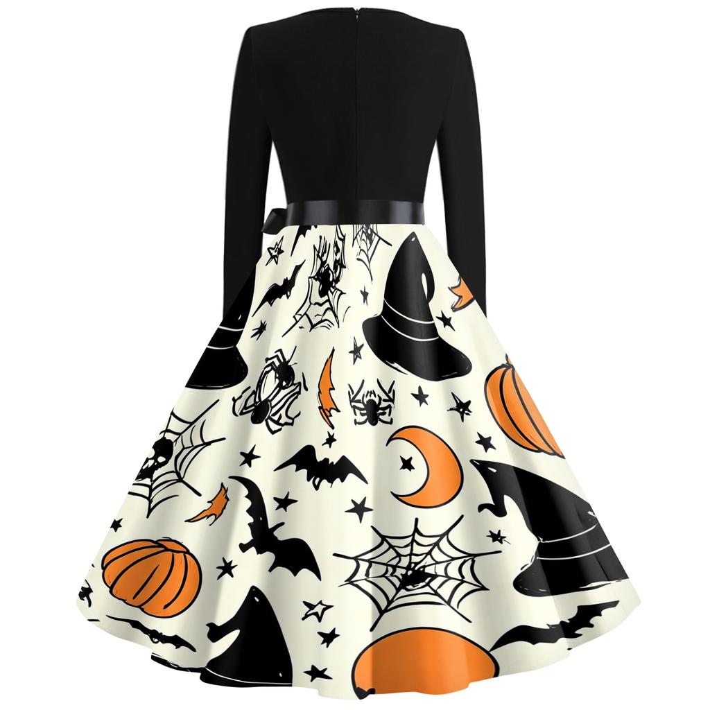 Womens Casual Halloween Print V Neck Vintage Dress Long Sleeve A Line Retro Style Midi Dress with Waist Tie