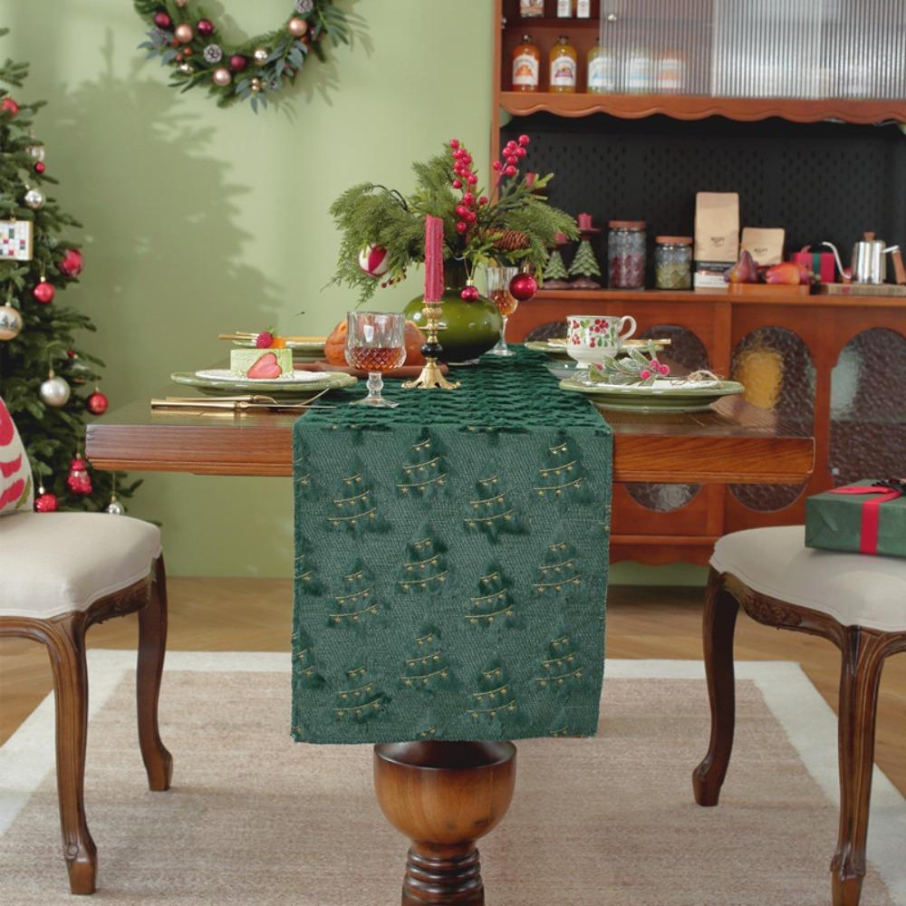 Embroidered Christmas Tree Table Runner Embossed Design Rectangular Christmas Table Cover Long Dining Tablecloth New Year