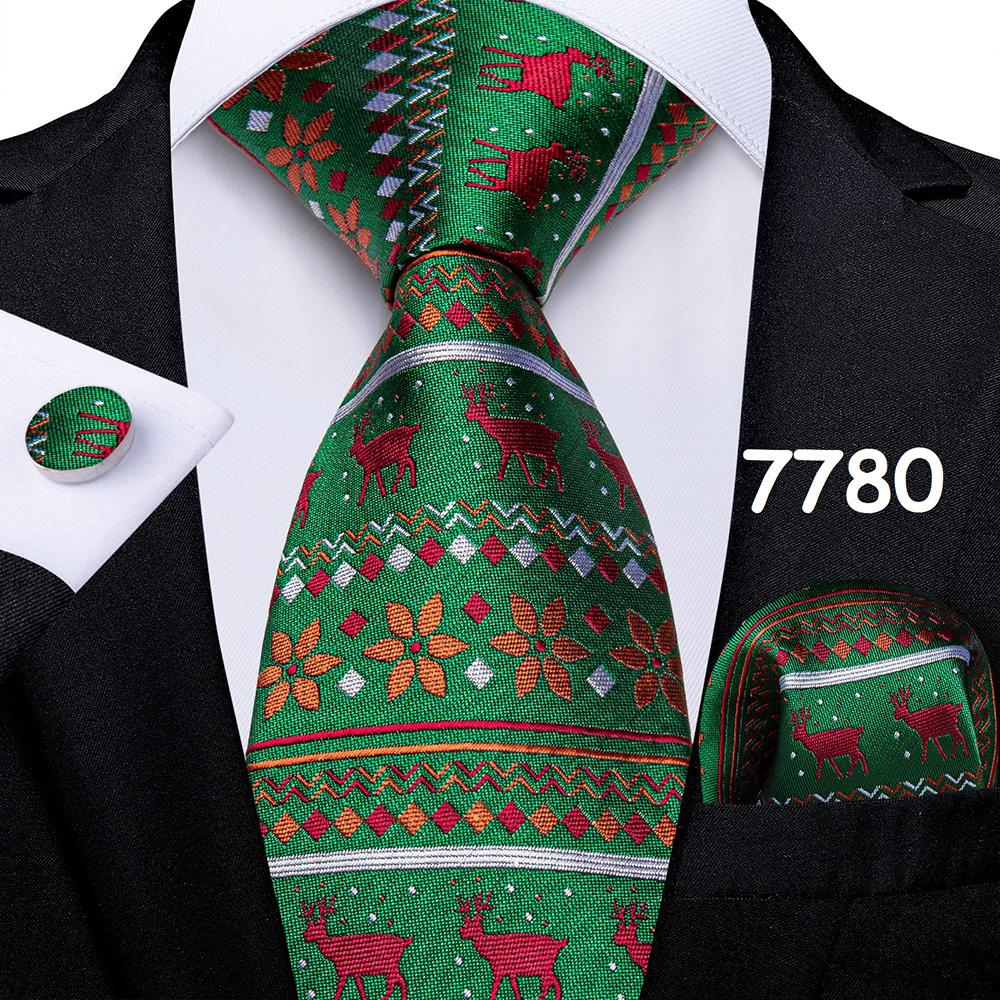 Mens Christmas Tie Set Red Blue Green 8cm Wide Silk Neck Tie Hanky Cufflinks Set Gift For Men Accessories