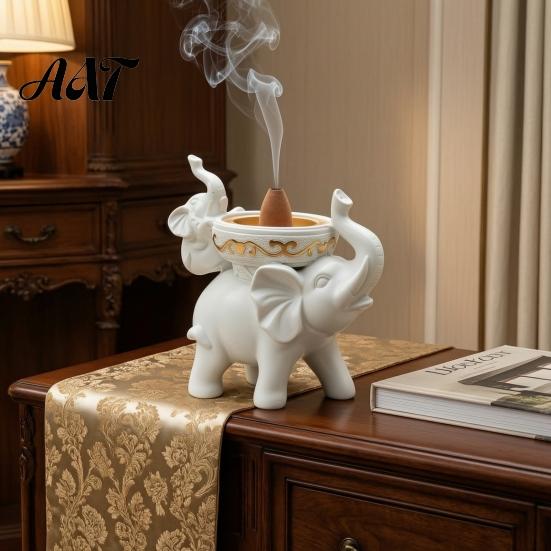 Elegant Resin Art for Home Decor Elephant Incense Burner, Backflow Holder, Waterfall Burner Meditation Censer Living Room Bedroom Christmas