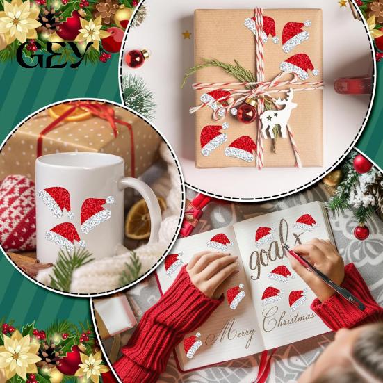 Roll Labels for Craft Projects 500PCS Christmas Hat Stickers Roll, Waterproof PET Self-Adhesive Labels, Themed Decorative Decals Flash Glitter