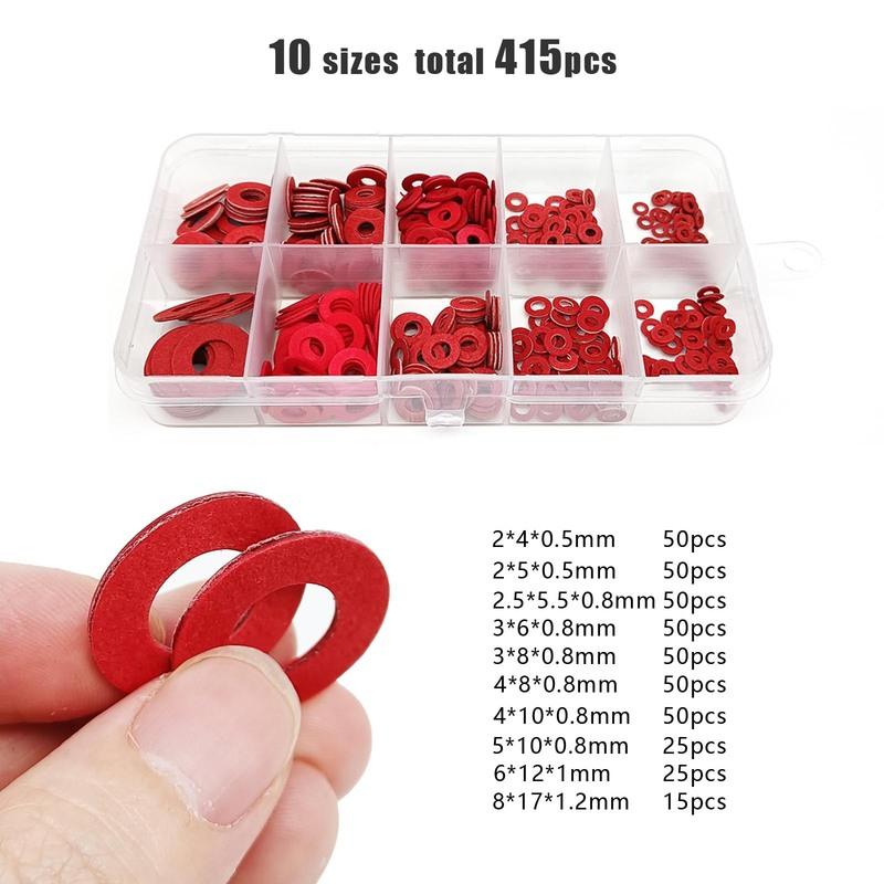 415/1085pcs M2 M2.5 M3 M4 M5 M6 M8 M10 M12 Red Steel Paper Flat Washer Plain Spacer Insulation Gasket Ring Mix Size Kit Set Box