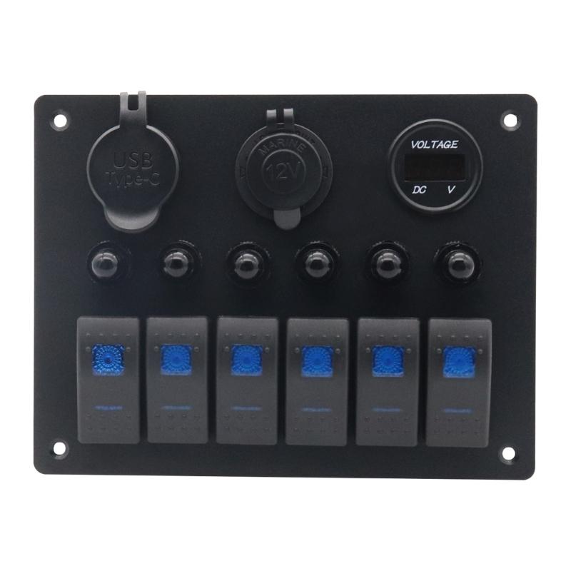 Professional 6 Buttons Switches Panel with Digital Voltmeter Tester & USB Charging Plastic Perfect for Marine Boat Truck