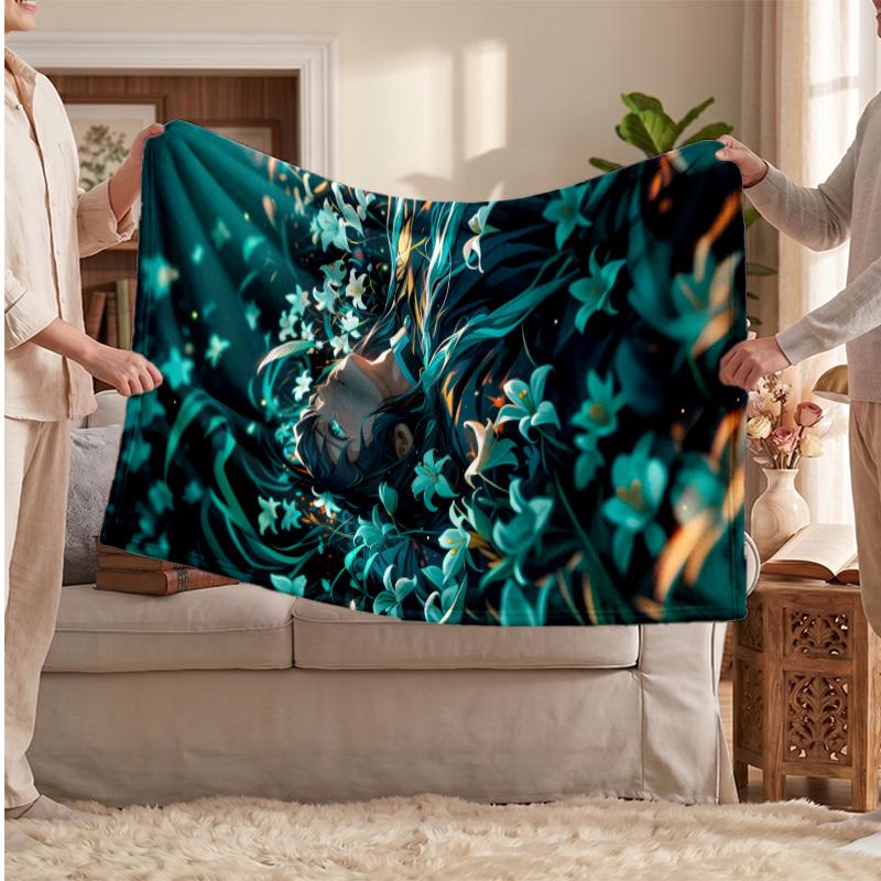 Tomioka Giyu Printed Flannel Blanket, Skin Friendly Warm Throw for Indoor Couch Bed Daily Use