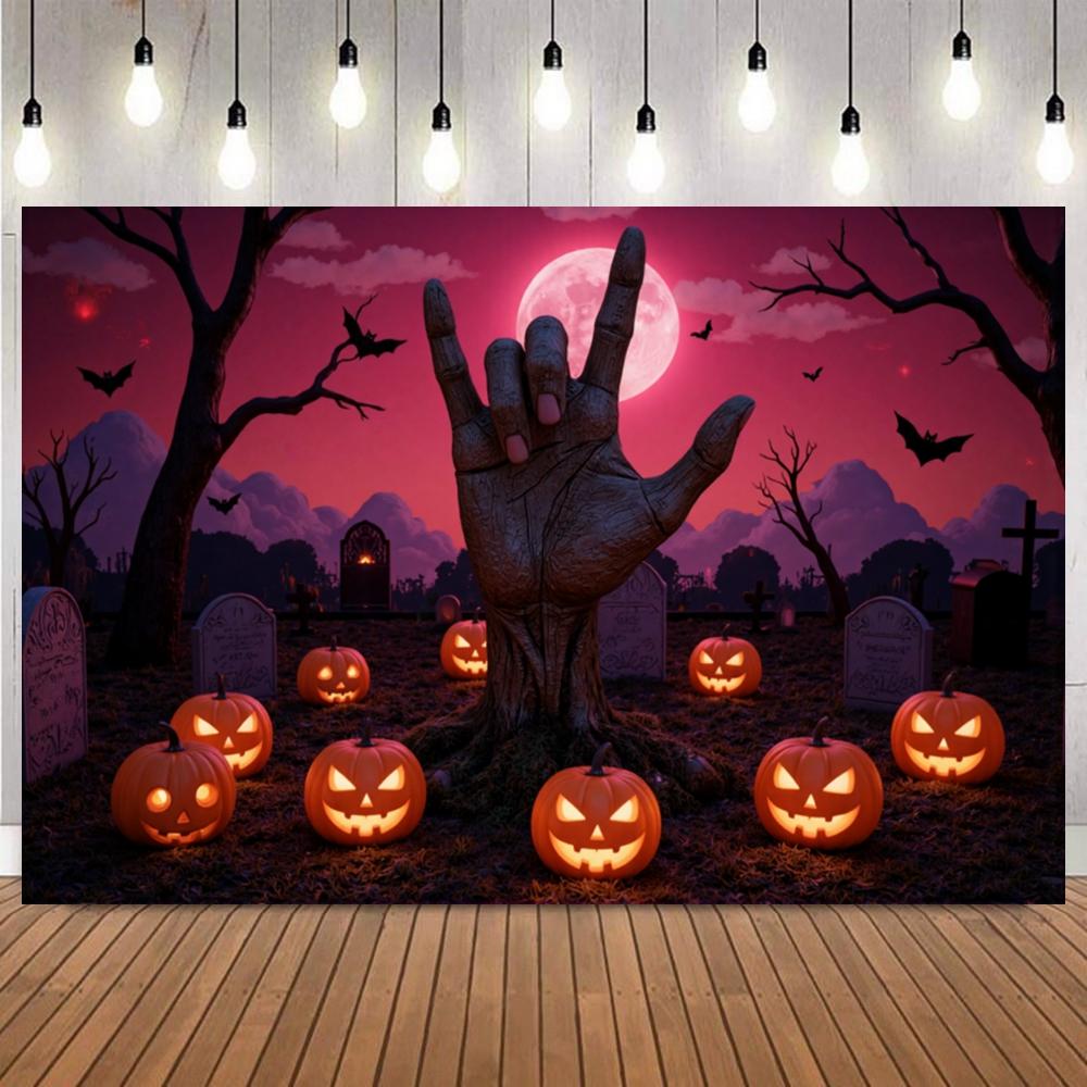 Horror Halloween Blood Moon Zombie Hand Theme Party Photography Background Skeleton Tombstone Pumpkin Lantern Photo Backdrop2