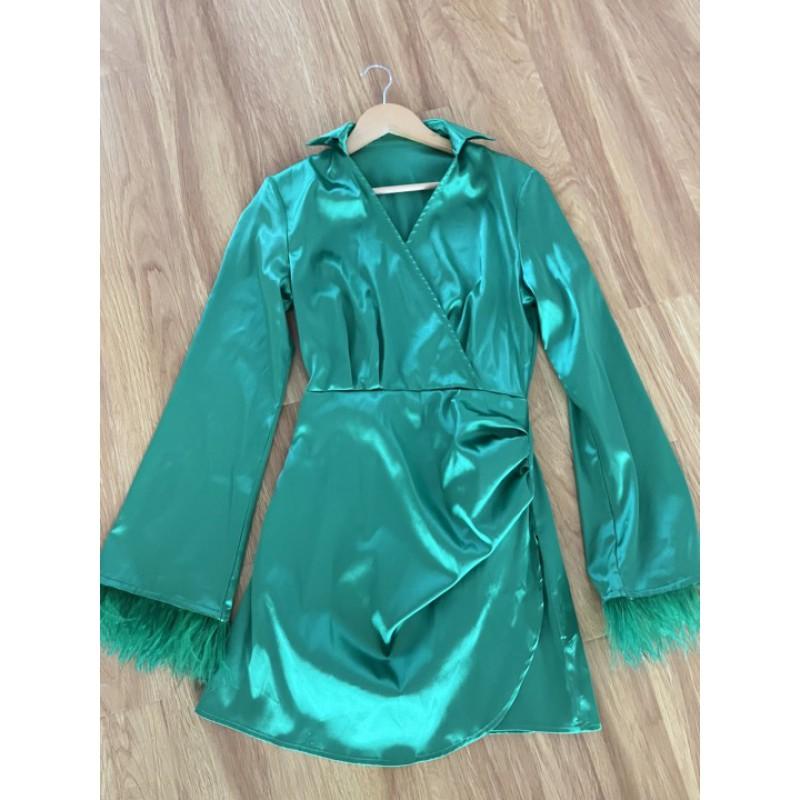 Womens V-Neck Mini Dress Solid Color Fresh Sweet Style A-Line Long Sleeve