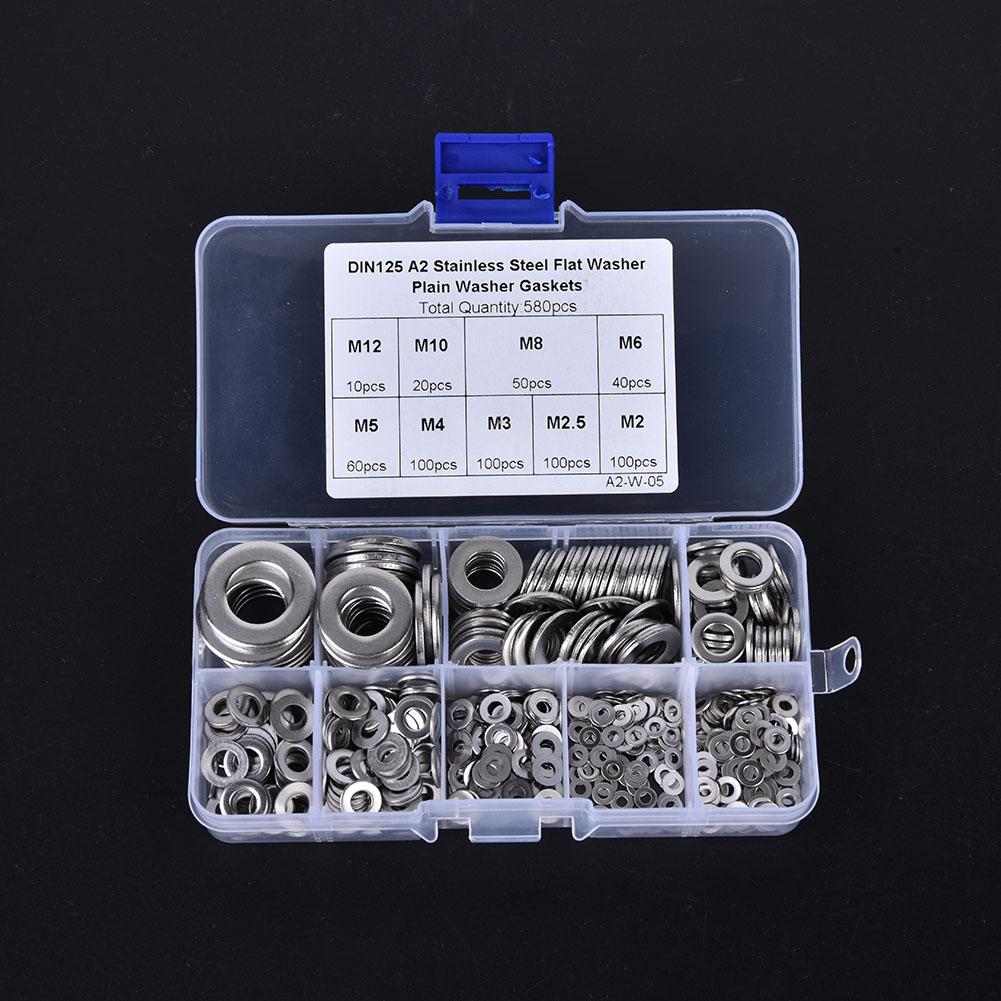 580PCS Stainless Steel Flat Washer Assortment Set M2 M2.5 M3 M4 M5 M6 M8 M10 M12