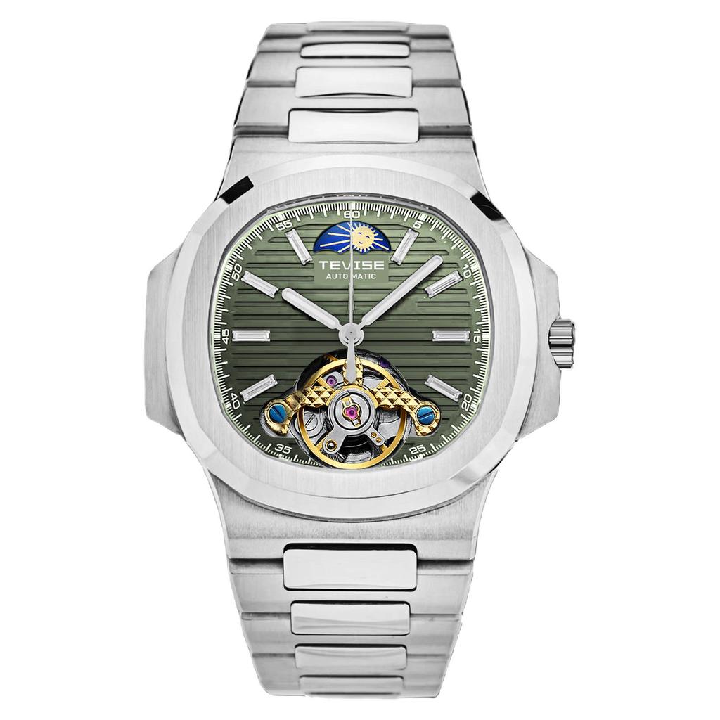 TEVISE Мужские роскошные водонепроницаемые часы из нержавеющей стали с механическим турбийоном и автоматическим механизмом для спорта и бизнеса