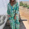 Женское принтованное макси-платье весна-лето с V-образным вырезом в стиле бохо, праздничное платье с длинными рукавами, свободное платье с карманами для повседневной жизни, вечеринок, пляжа