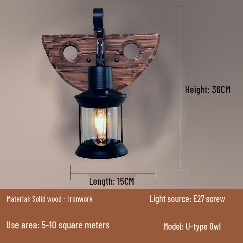 American Retro Industrial Wall Lamp - Antique Solid Wood Lantern for Restaurant and Corridor Decor