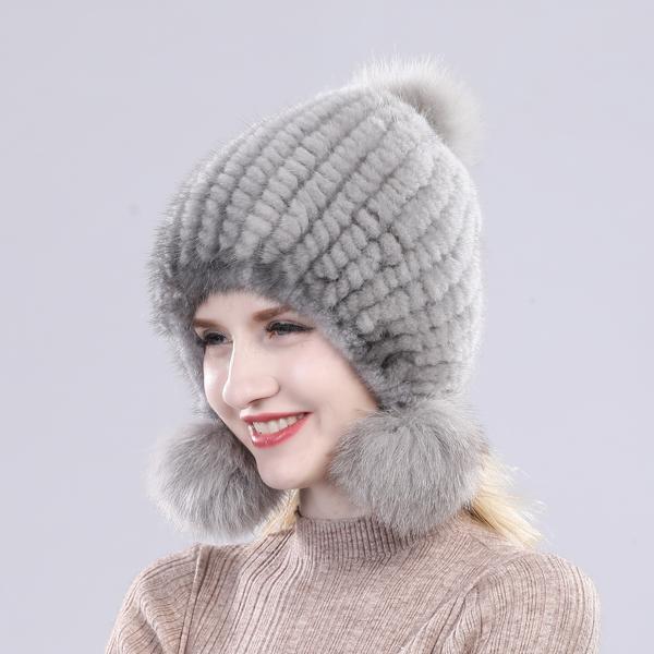 Women Winter Thick Real Mink Fur Hat with Fox Fur Pompoms Knitted Natural Fur Cap Lady Outdoor Warm 100% Real Mink Fur Hats