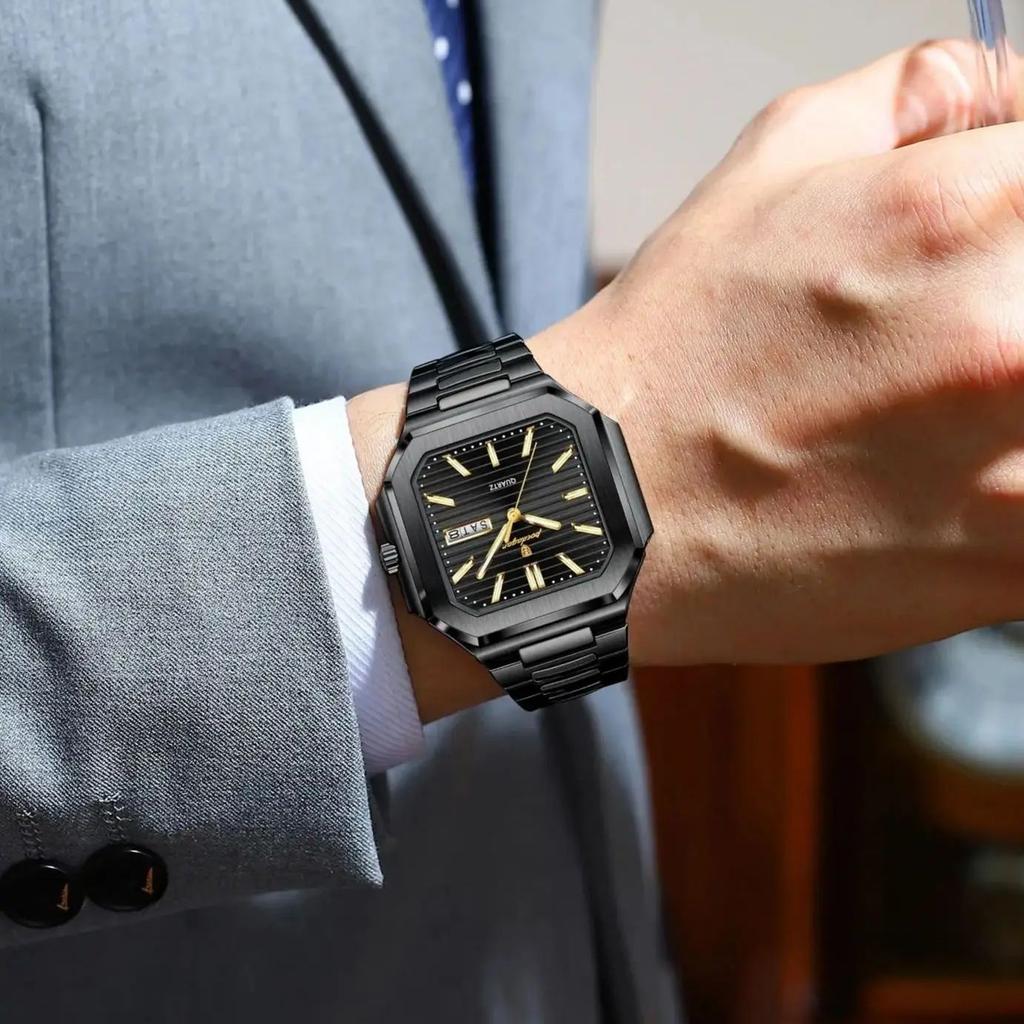 POEDAGAR Square Dial Male Watch Waterproof Luminous Date Week Watches For Men Exquisite Stainless Steel Men's Quartz Wristwatch