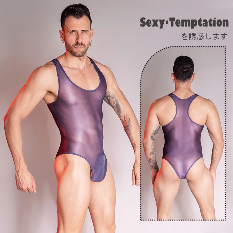 Sexy Bodysuit Oil Glossy Sheer Bodysuit Men Sleeveless See Through Jumpsuit Playsuit Male Undershirt Adult XXX Sex Porno Costume