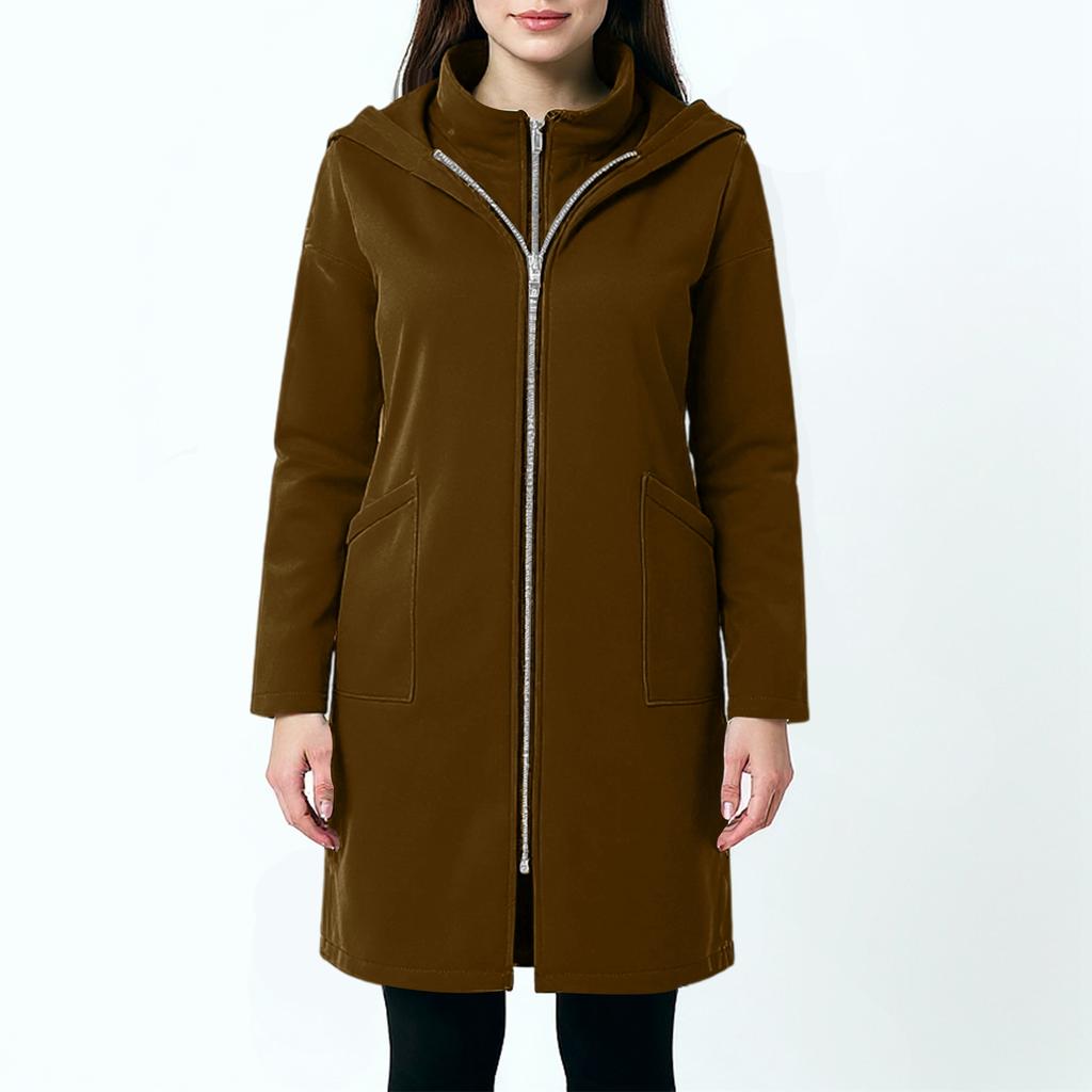 Women's Fashion Casual Solid Color Hooded Pocket Long Sweatshirt With Zipper, Mid-Length Fake Two-Piece Loose Coat